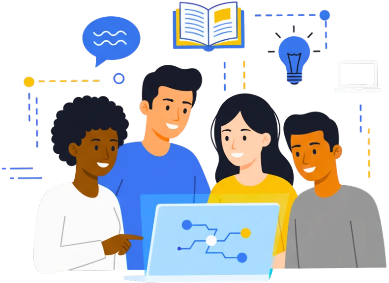 Illustration of diverse people connecting around technology, symbolizing community support on ImmigrantGoals.